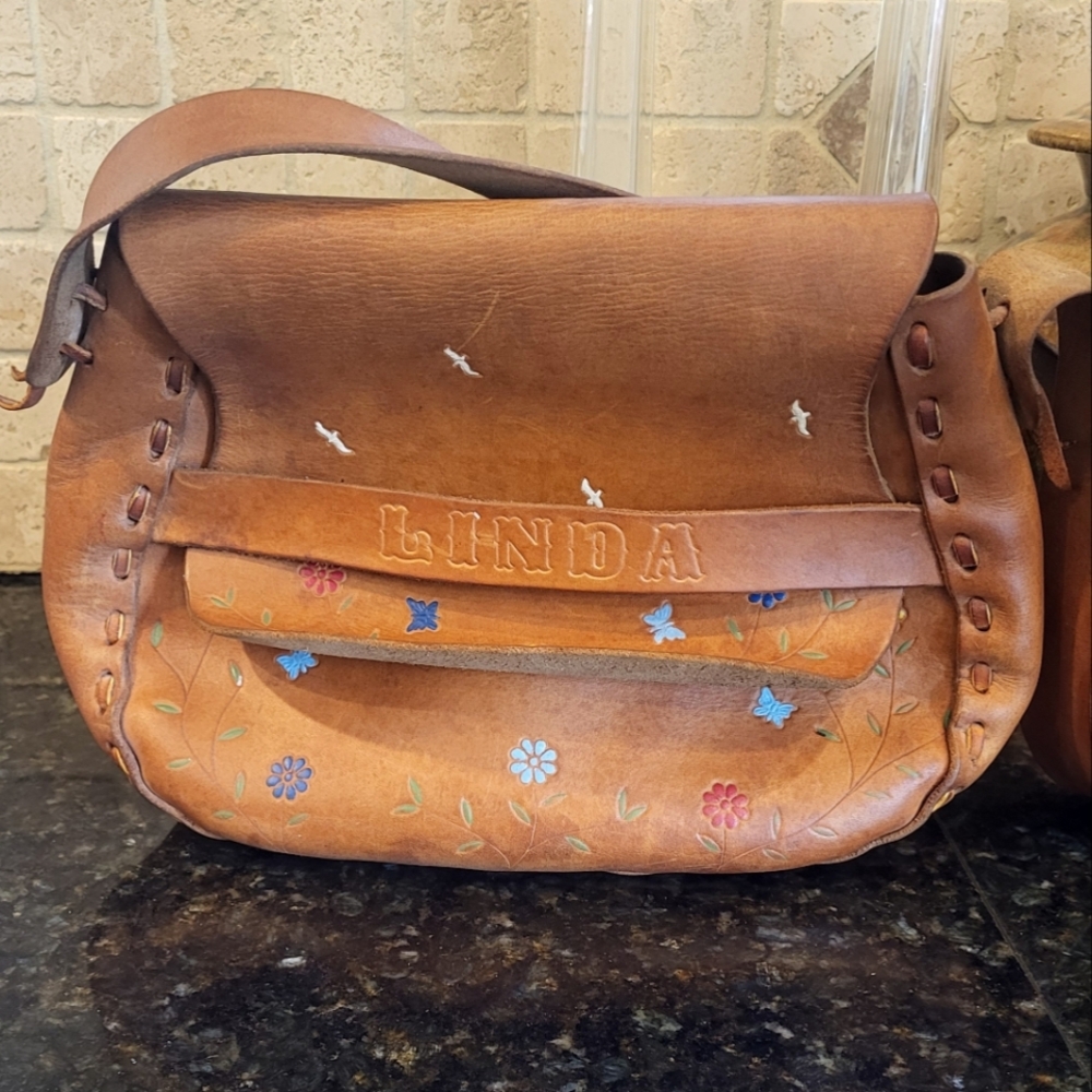 Vintage Tan Tooled Leather Purse with Embossed Flowers, Birds, and Butterflies